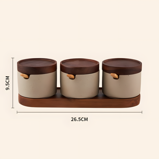 Porcelain Jar Set 3 Pcs & Wooden Stand